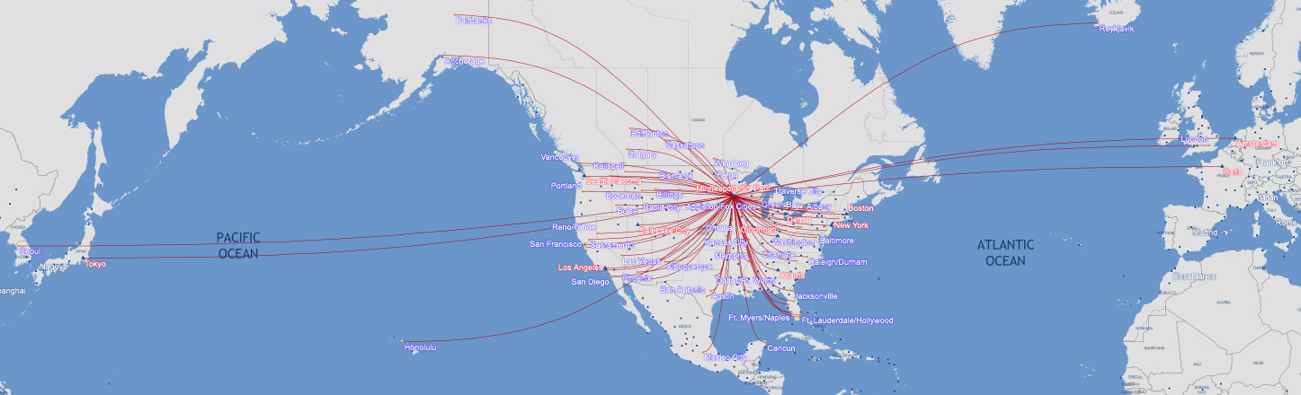 Flight map showing all 89 one-stop destinations..